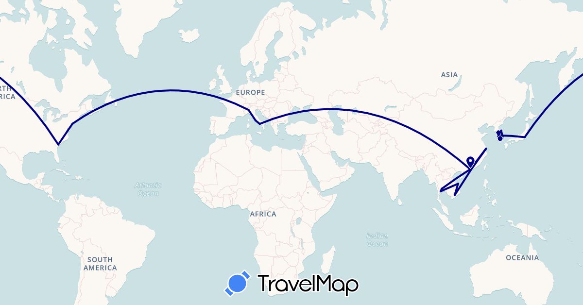 TravelMap itinerary: driving in China, Hong Kong, Italy, Japan, South Korea, Thailand, United States, Vietnam (Asia, Europe, North America)